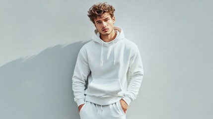A young man showcases a stylish modern athleisure outfit in a relaxed pose against a minimalist backdrop. The scene captures a sense of casual confidence and contemporary fashion