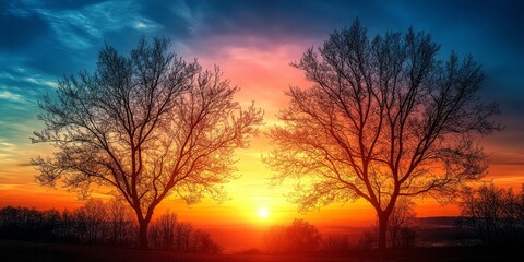 Naklejka premium Stunning sunrise illuminating the sky, featuring striking tree silhouettes. This beautiful sunrise captures the essence of nature s beauty with enchanting tree silhouettes at dawn.