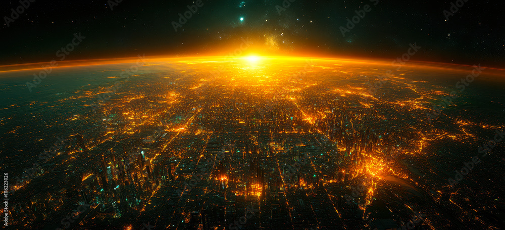 Poster futuristic global cityscape with real-time data and dynamic weather visualization