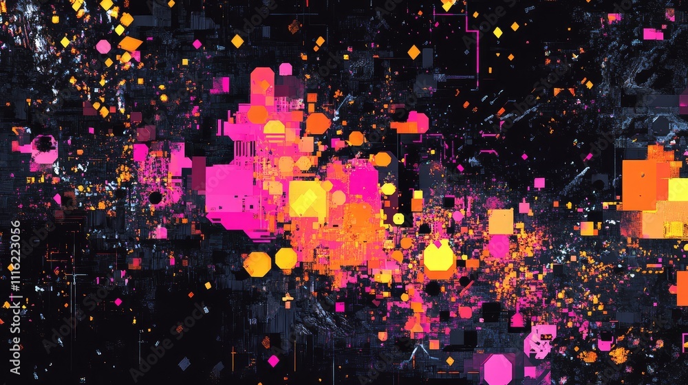 Poster a dark abstract scene with neon pixels scattered in various geometric shapes and glowing neon accent