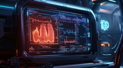 A digital screen displaying vital signs with futuristic glowing effects