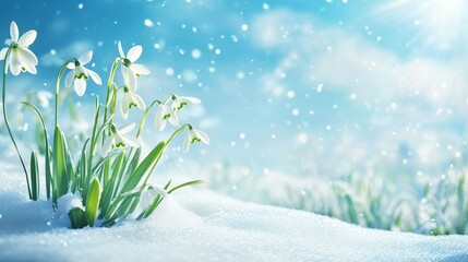 Snowdrop flowers emerging from snow under a clear blue sky, celebrating the arrival of spring