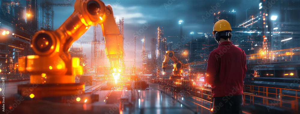 Poster engineer monitoring ai robotics in industry 4.0 intelligent factory with machine learning
