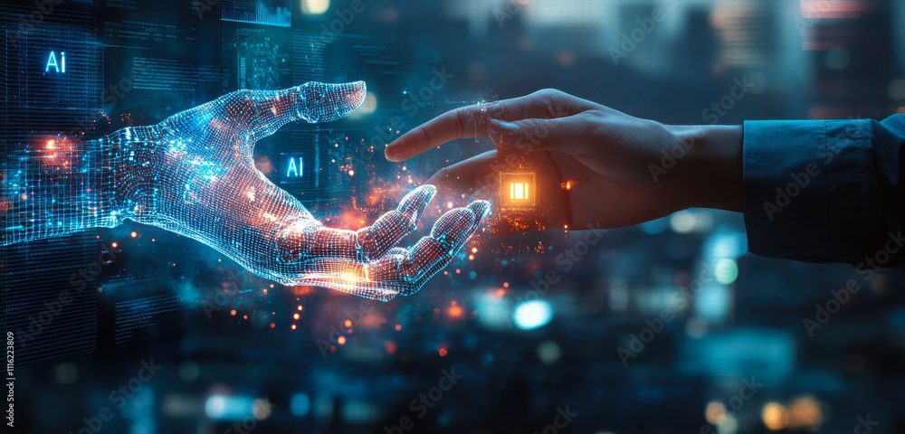 Aufkleber human and robot hands connect over ai and big data global network for innovation