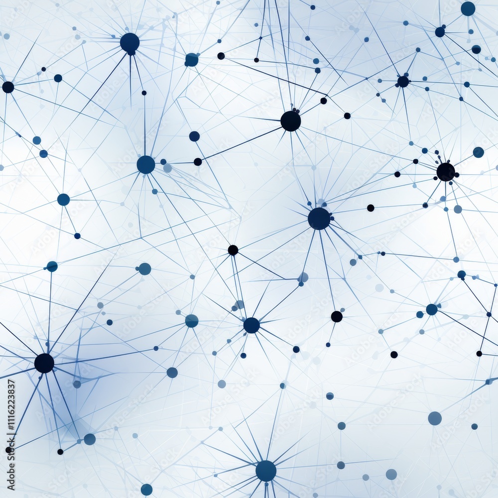 Poster abstract network diagram with connecting lines and nodes in shades of blue on a white background