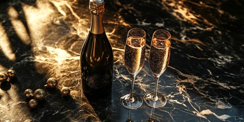 Luxurious New Year's Eve champagne setup with gold decor and festive sparkle