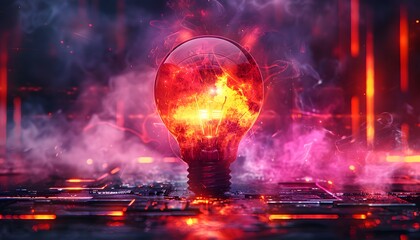 Glowing lightbulb in dark background.