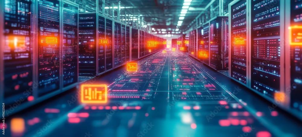 Poster futuristic warehouse with digital statistics display in high-tech environment
