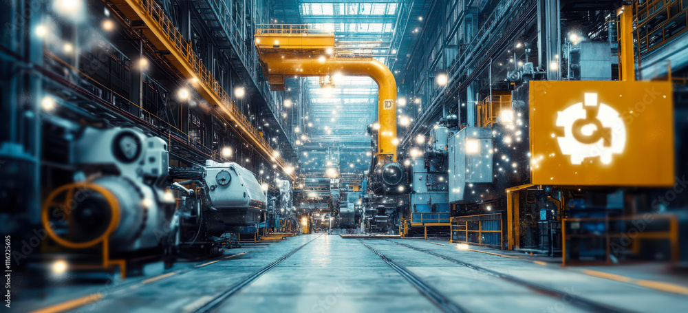 Poster advanced automated factory interior with industrial robotics and technology
