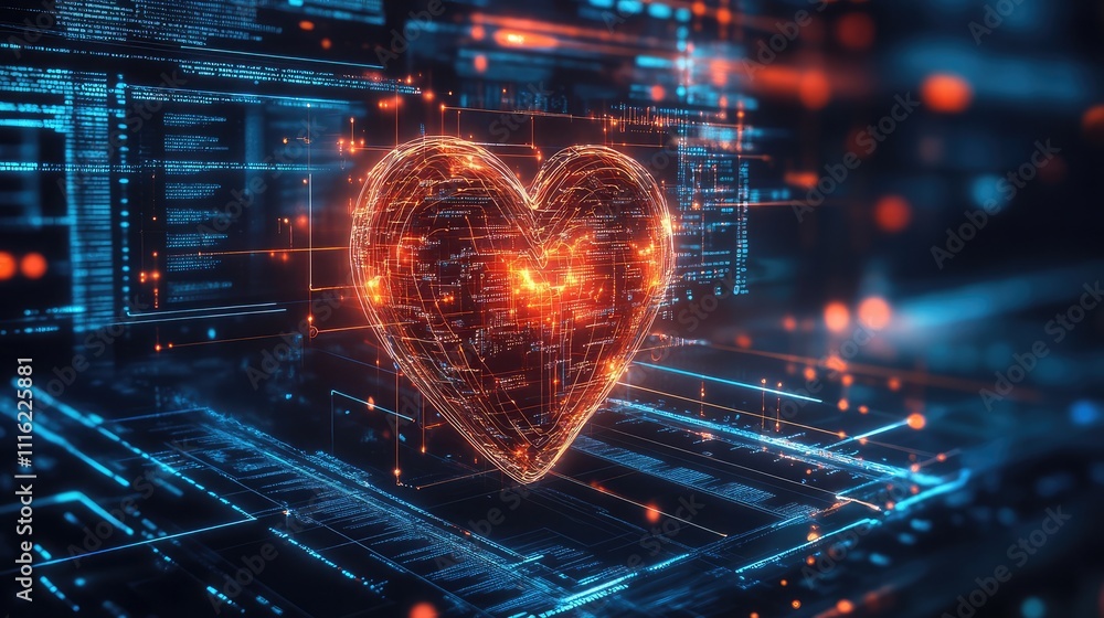 Poster a glowing digital heart icon connected to data streams on a futuristic interface