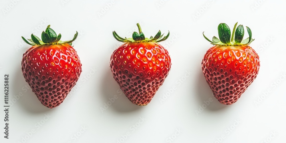 Poster three fresh strawberries arranged on a white background, showcasing the vibrant color and texture of