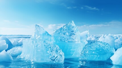 Obraz premium Majestic iceberg silhouette in light blue and white against a deep blue ocean backdrop