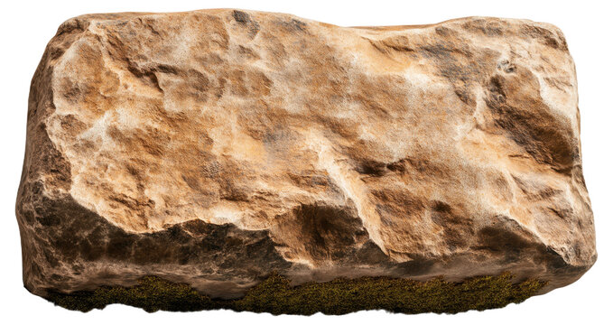 Large brown rock with textured surface and moss at the bottom
