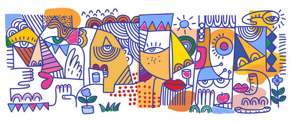 Fototapeta premium Group of abstract face portrait doodle, geometric line art hand drawn vector illustration. Artistic design for wall art, prints, poster, cover and decoration.