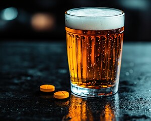 A glass of golden beer with frothy foam sits on a dark surface, accompanied by two yellow tablets nearby.