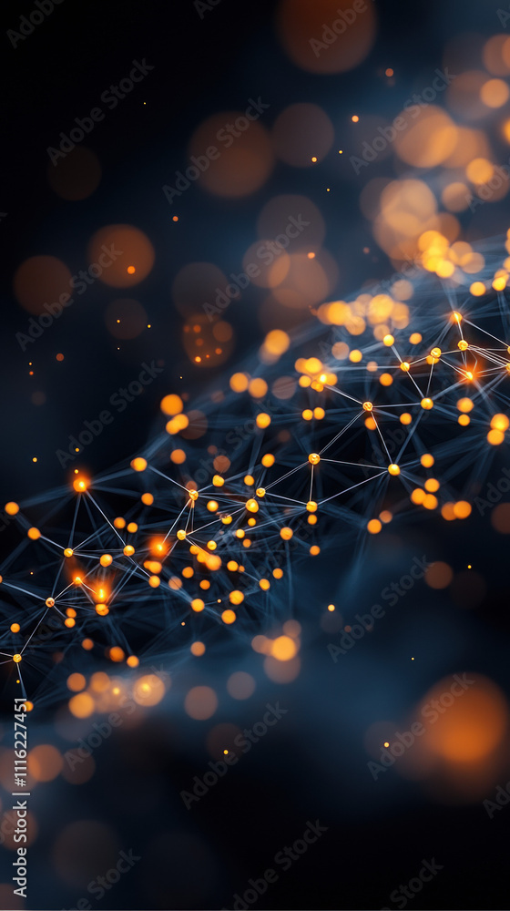 Poster a mesmerizing abstract design featuring glowing orange dots connected by a web of lines against a da