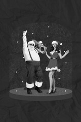 Vertical creative photo collage picture of cheerful santa claus girl dancing in snow globe have fun...