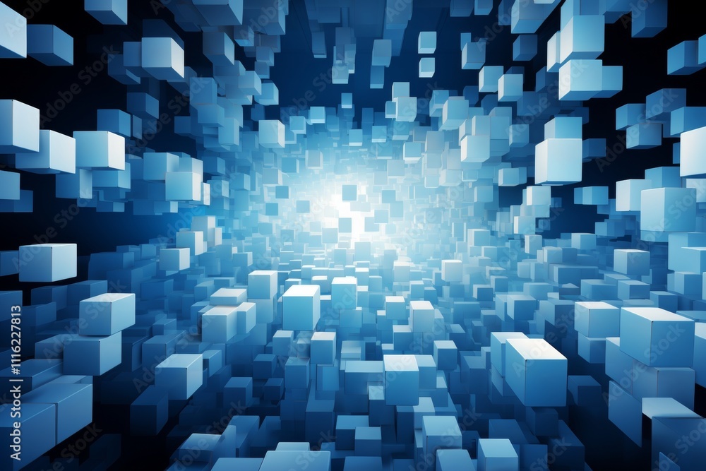 Poster cube illusions overlapping blue and white shapes creating a 3d visual deception effect