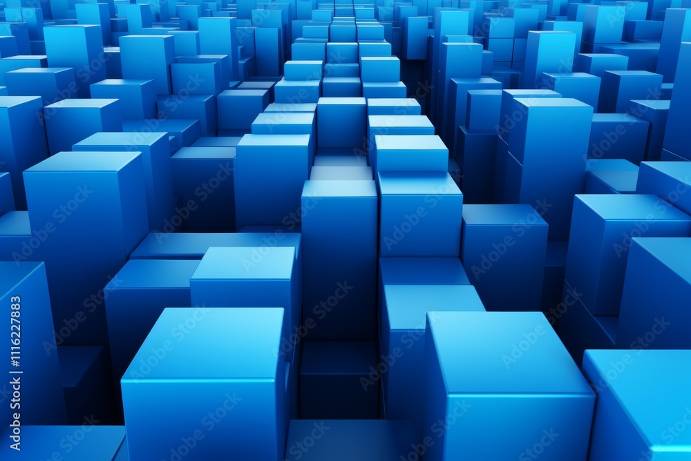 Poster mesmerizing cube illusions overlapping shapes in blue and white create depth and visual deception