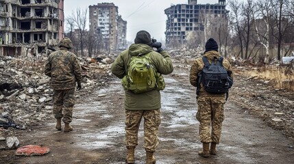 Naklejka premium Soldiers Navigating Through Devastated Urban Landscape