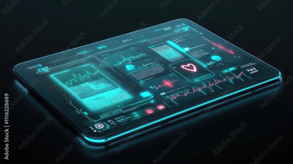 Poster a glowing tablet displaying connected health apps in a futuristic design