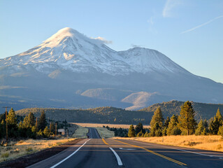 Road towards Mounts Shasta and Shastina in California, United States Highway 97 in Northern...