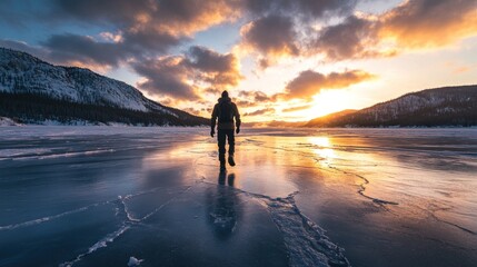 Fototapeta premium Solitary Figure Walking on a Frozen Lake at Sunset