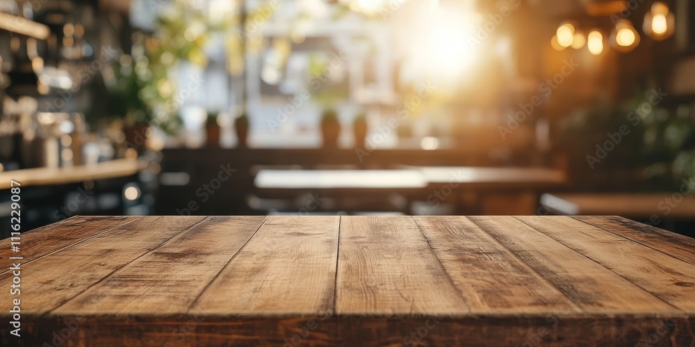 Poster empty wooden table with a blurred backdrop of a cafe, perfect for showcasing products. this empty wo