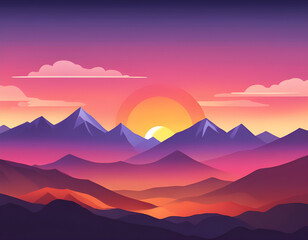Fototapeta premium Sunset mountains landscape background, colorful gradation sky, flat mountain background