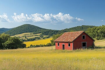 Obraz premium charming rustic barn nestled in a picturesque landscape, surrounded by rolling hills and fields, epitomizing rural life with a nostalgic touch, under a bright blue sky