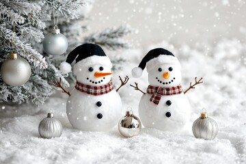 Obraz premium Two cheerful snowmen wearing hats and scarves stand in a snowy landscape, surrounded by ornaments and a frosty tree, evoking a festive winter atmosphere.