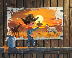 Illustration of a cheerful cowboy boy sketching his dream farm with colorful crayons.