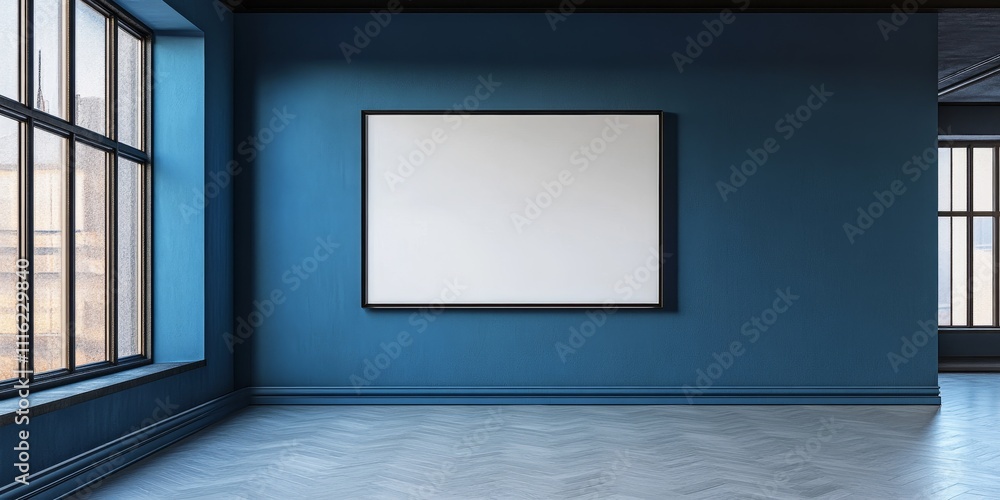 Aufkleber gallery interior featuring an empty frame displayed on a stylish blue wall, creating a striking visu