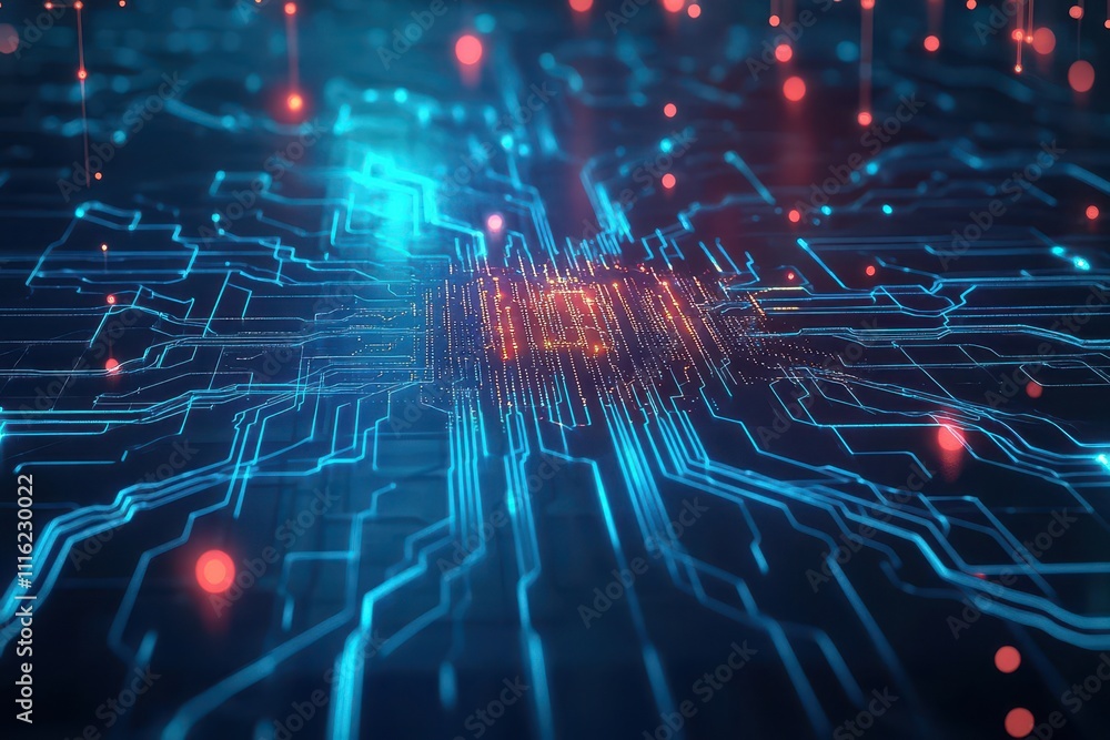 Aufkleber Neural networks visualized as glowing circuits in a VR environment, dark contrast lighting, immersive closeup, cyber style