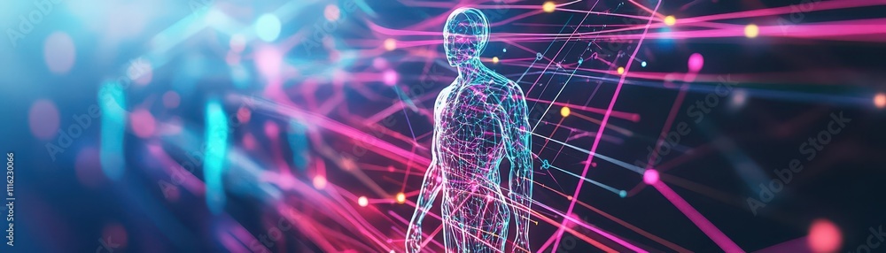 Fototapete Network visualization with humanoid figures as nodes, multicolored lines in 3D space, immersive holographic design