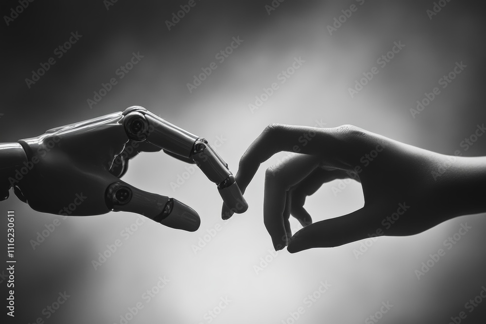 Poster a captivating encounter between a human hand and a robotic hand symbolizing connection and collabora