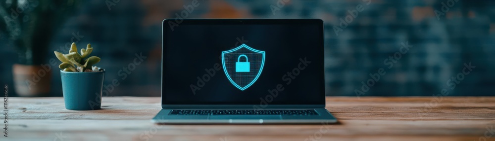Poster laptop with a cybersecurity shield icon while shopping online, promoting safety and reliability