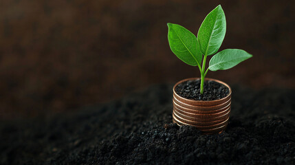 A small plant sprouts from a stack of coins, symbolizing growth and investment in sustainability and financial prosperity.