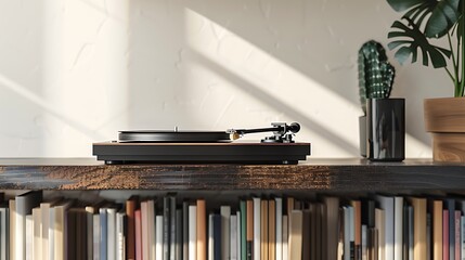 Obraz premium Collection of vintage vinyl records and a turntable on a sleek modern shelf
