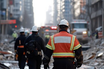 Emergency first responders are actively working amidst a disaster zone, demonstrating bravery and teamwork while securing safety in a challenging environment after destruction.