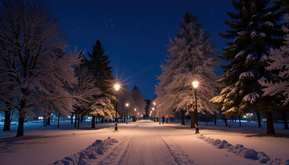 Serene winter park pathway with snow-covered trees and street lamps at night