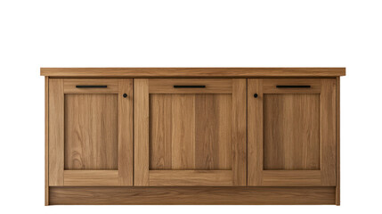 A wooden storage cabinet featuring three front panels with handles, ideal for organizing items in a home or office setting.