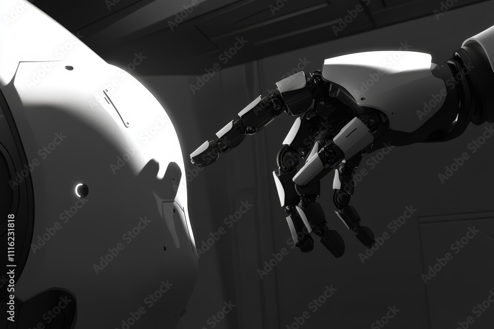 Poster a futuristic robotics interaction depicting the moment of connection between a human-like robot hand