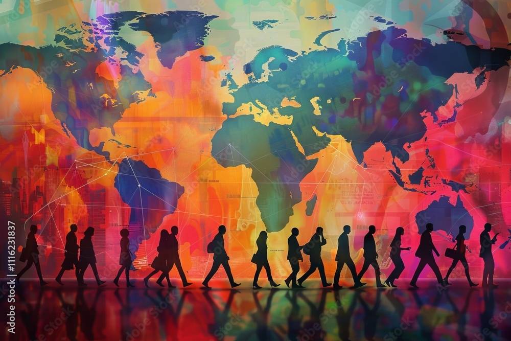 Poster silhouetted business figures against a world map a dynamic representation of global collaboration