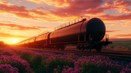 Fototapeta premium Cargo train travels through picturesque landscape at sunset, with vibrant sky and wildflowers, showcasing the beauty of transportation.