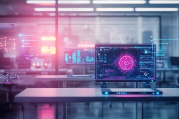 Obraz premium Futuristic coworking space with holographic desks and digital interfaces, scifi realism, cool neon lighting, ultramodern architecture, intricate details