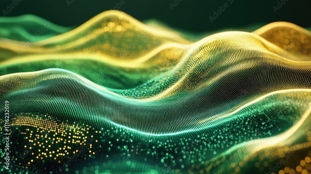 Poster a dynamic gradient pixel art animation, where the colors shift from gold to green in a flowing, digi