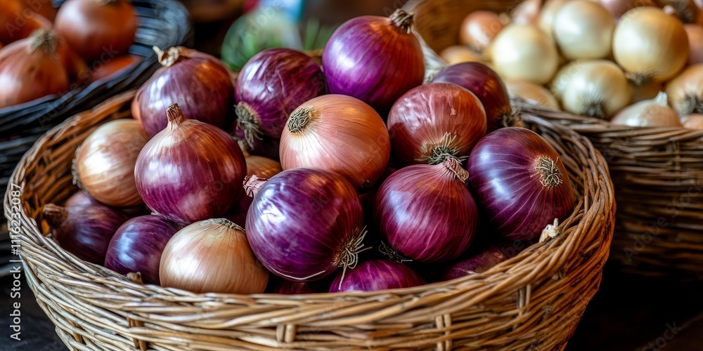 Poster closeup of a wicker basket filled with numerous ripe onions placed on a table, showcasing the vibran