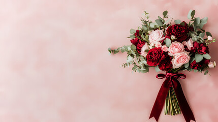 romantic bouquet with cascading flowers in shades of red and pink, featuring lush greenery and beautiful ribbon