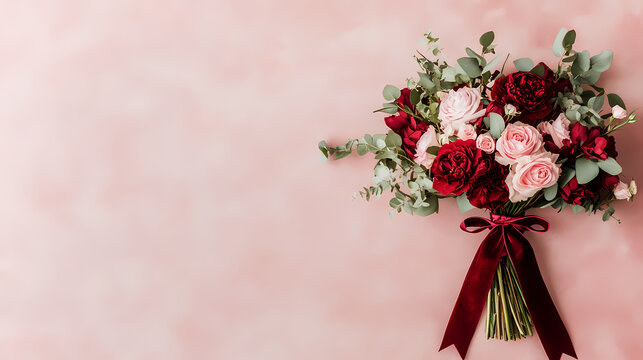 romantic bouquet with cascading flowers in shades of red and pink, featuring lush greenery and beautiful ribbon - Powered by Adobe